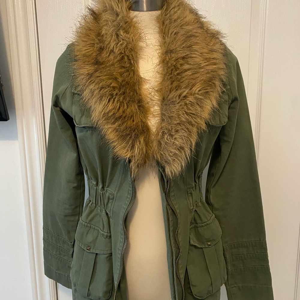Faux fur trimmed cargo/army green jacket